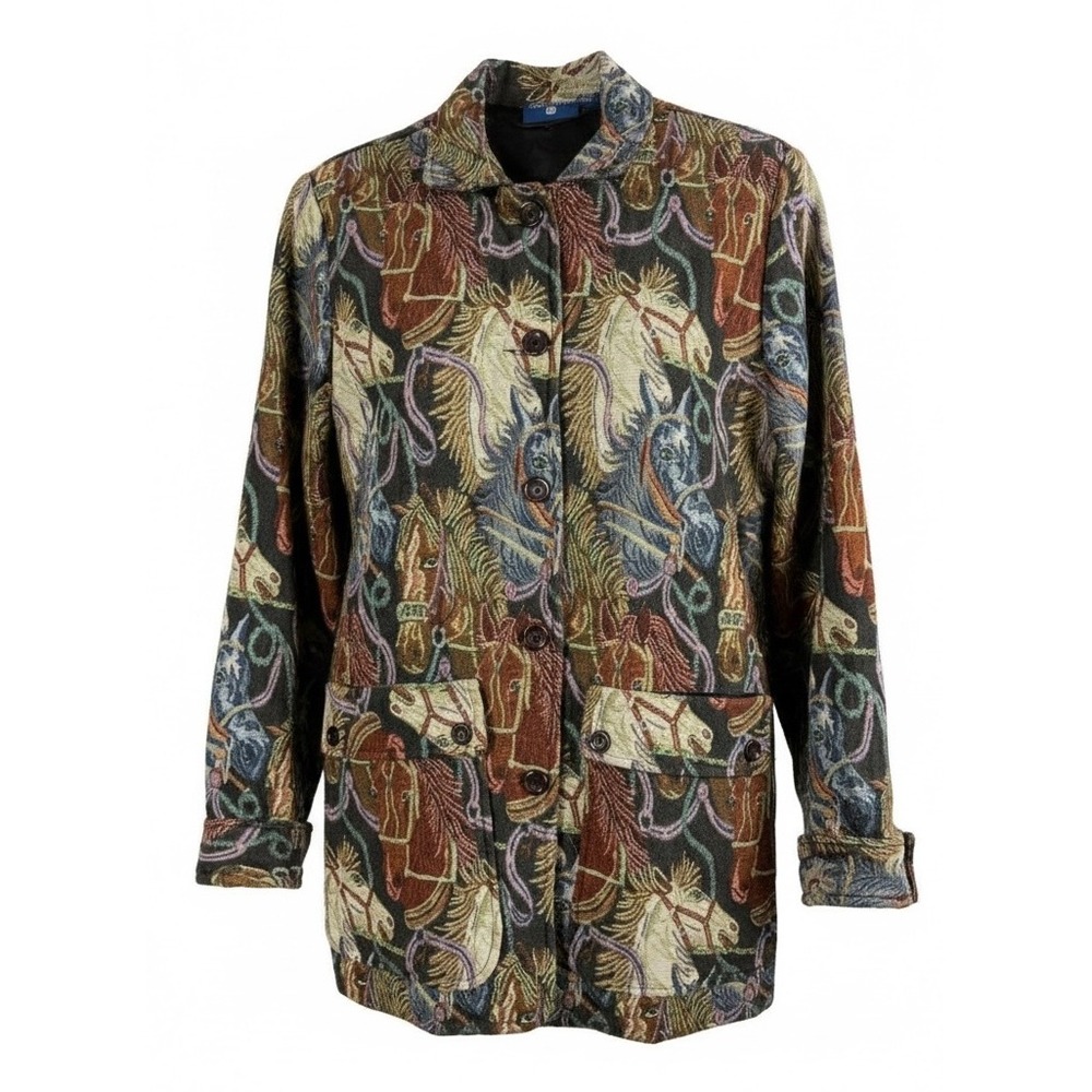 Vintage Simply Class Tapestry Jacket Equestrian Horse Sz M Chore Coat Western